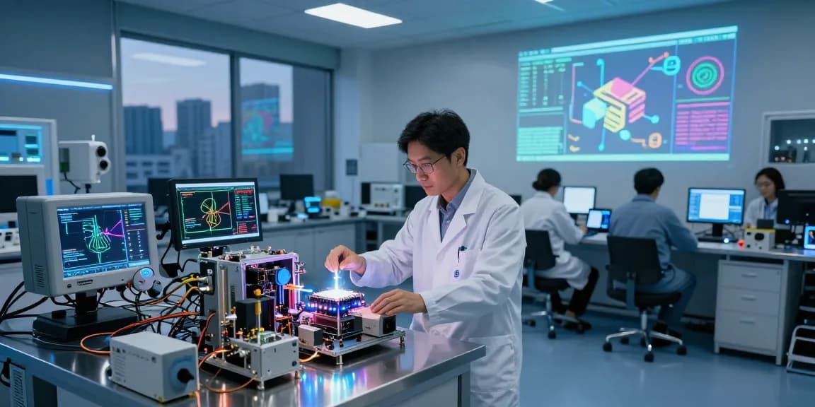 Scientist working on quantum computing chip prototype in advanced lab.