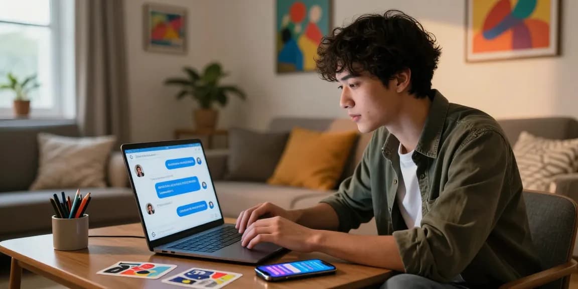 Engaging NSFW AI chat interaction on a sleek laptop in a cozy modern living room