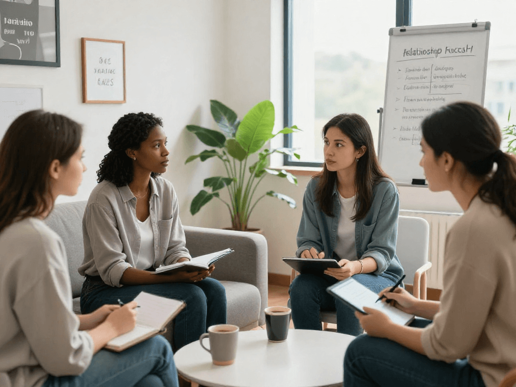 Couple discussing ai sex strategies with a professional coach in a modern office.