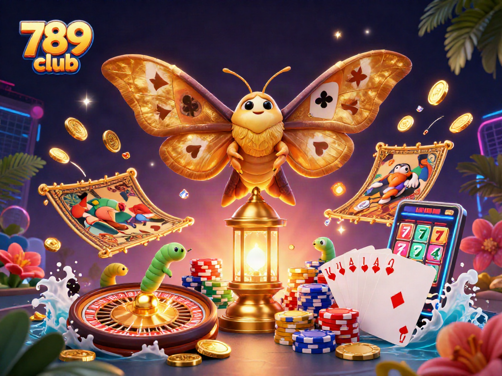 Engage at the 789 club with dynamic casino scenes featuring vibrant gold coins and dazzling games.