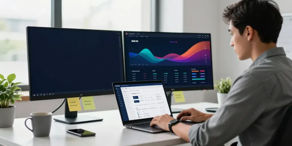 SEO specialist optimizing instant indexing strategies in modern office.