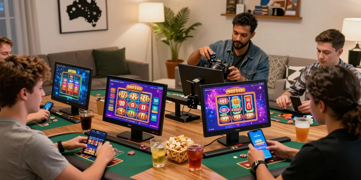 Engaging scene of players enjoying australian online casinos in a cozy setting, featuring diverse game options and devices.