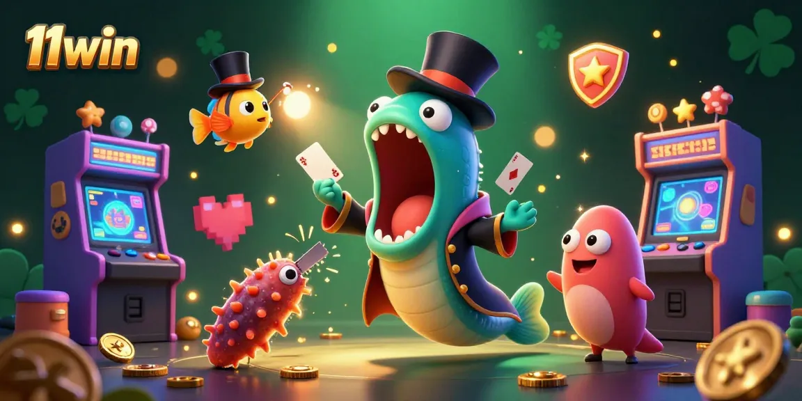 11win showcases unique casino magic with vibrant sea creatures doing card tricks.