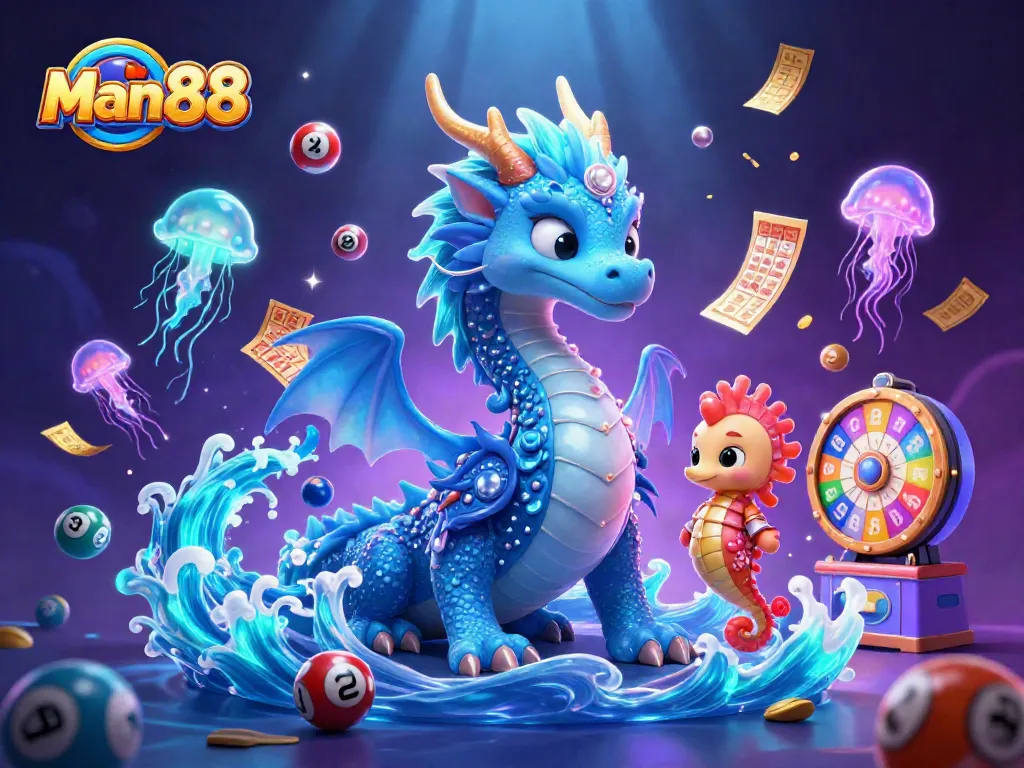 Join the excitement at Man 88 with vibrant casino-themed 3D characters and lottery elements.