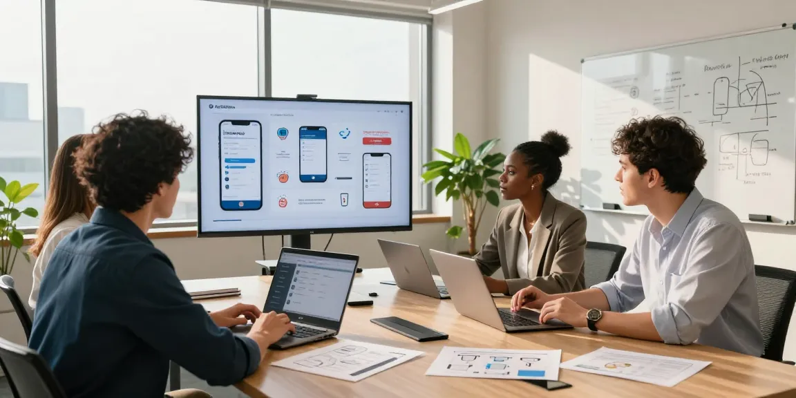 Collaboration on small business phone system solutions in modern office environment.