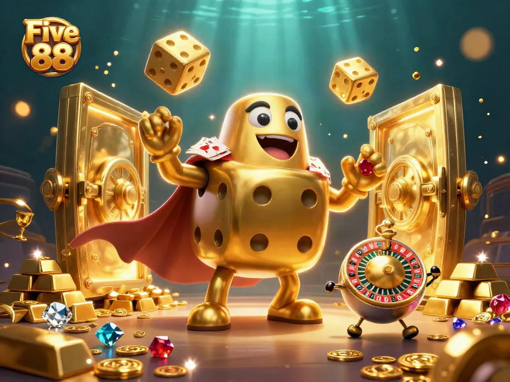 Experience the thrill of gaming with Five 88's vibrant 3D casino scene, featuring golden dice and treasure.
