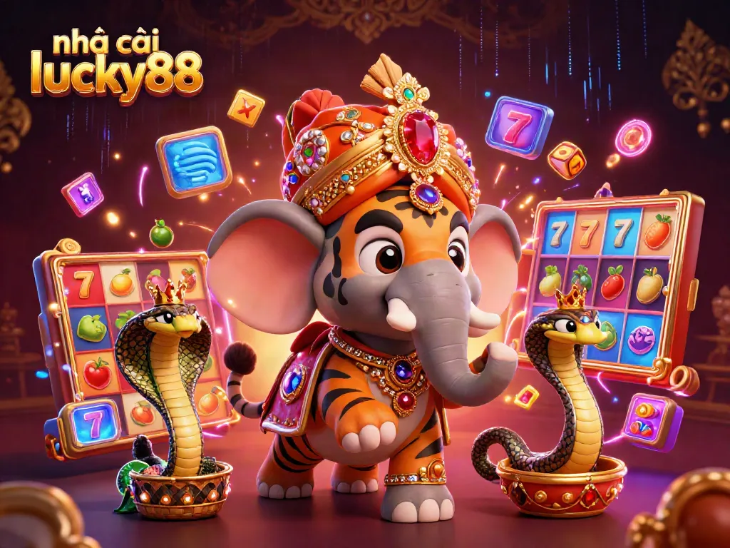 Play at nhà cái lucky88 with a vibrant 3D casino scene featuring a majestic maharaja tiger and engaging gaming elements.