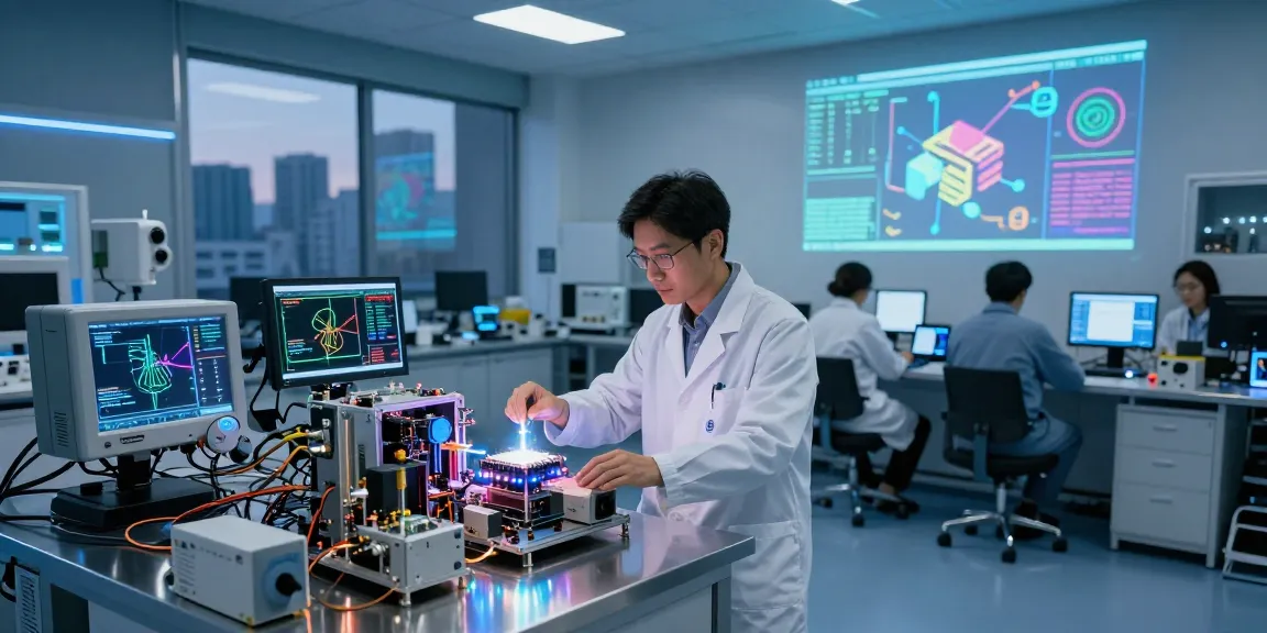 Scientist working on quantum computing chip prototype in advanced lab.