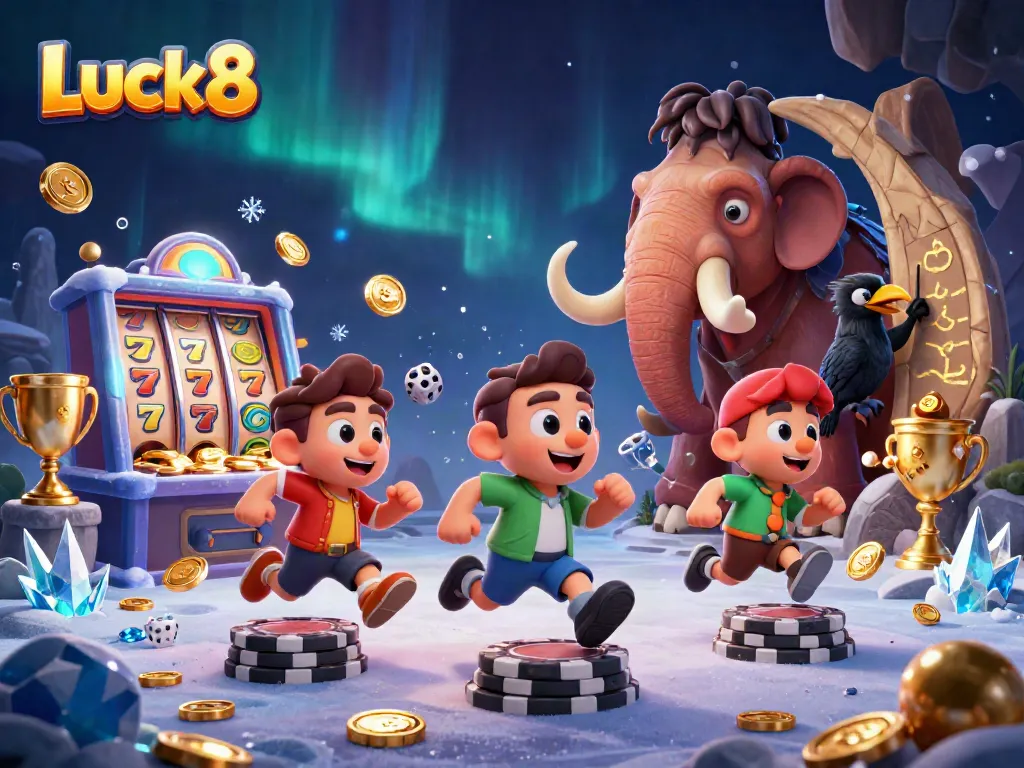 Luck8 brings excitement with caveman and sabertooth duo at a prehistoric casino, featuring vibrant slot machines.