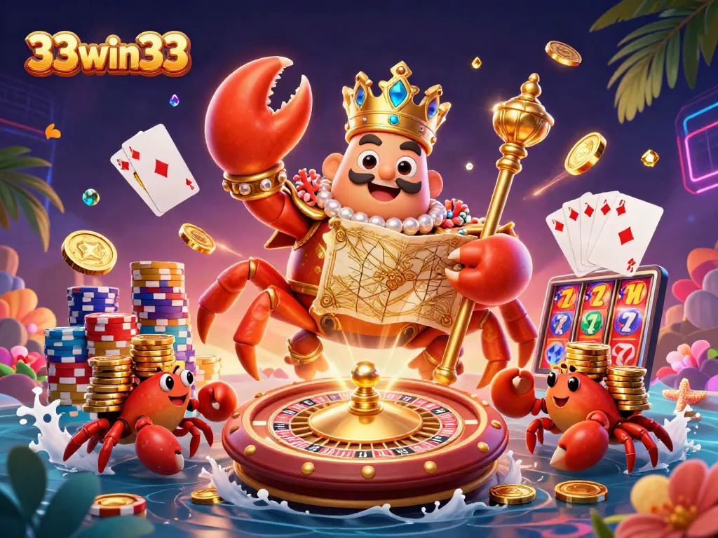 Experience winning action with 33win33 - a vibrant 3D illustration of a golden crab emperor in a casino.