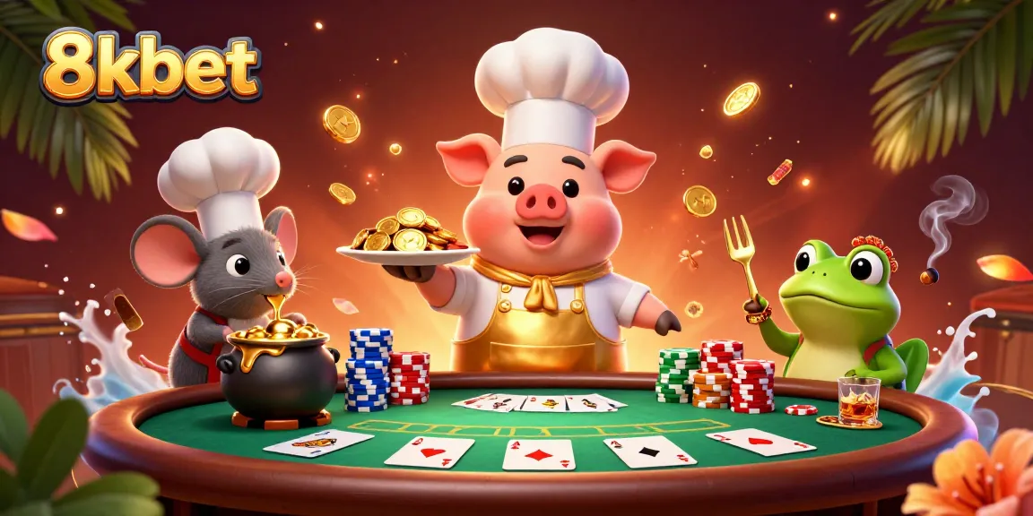Win big at 8xbet with a lively casino scene featuring a chef pig, mouse, and frog among gold coins.