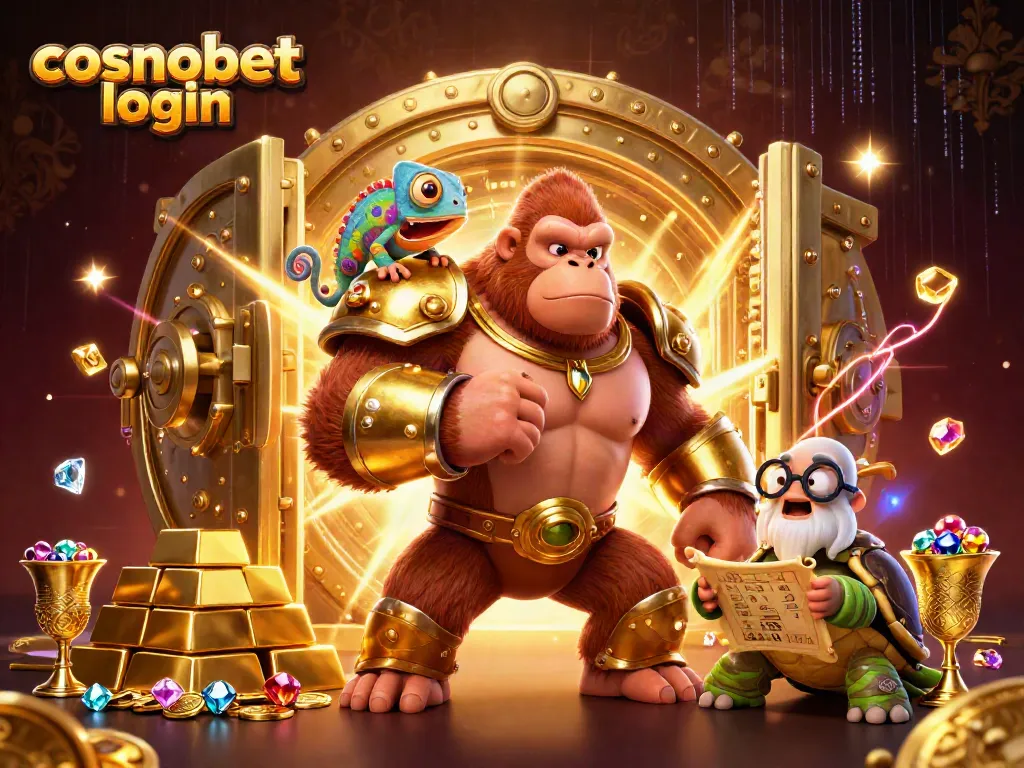 Engage with cosmobet login featuring vibrant casino-themed characters and treasures in a dynamic scene.