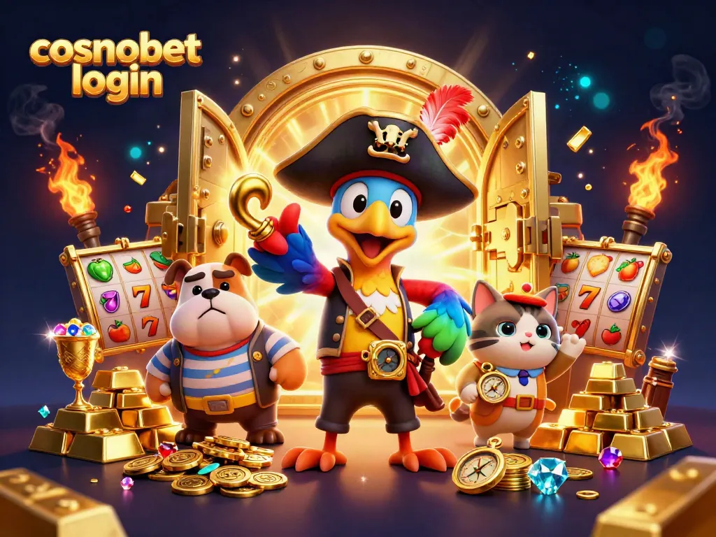 Join the action at cosmobet login, featuring a pirate captain and friends in a vibrant casino setting.