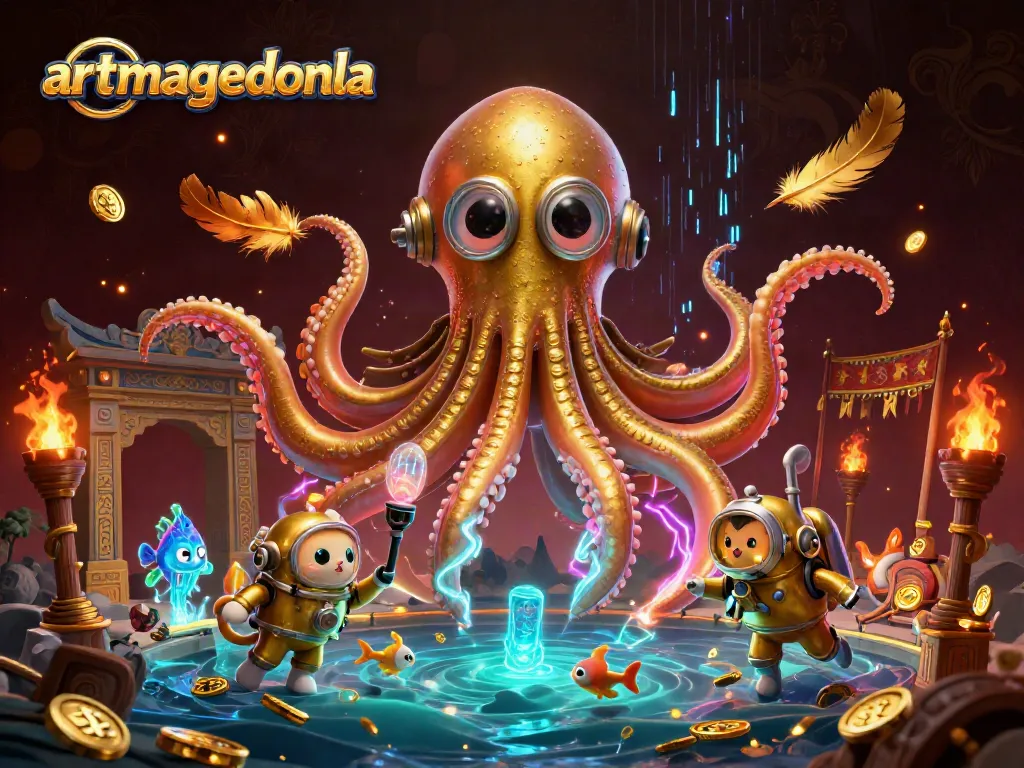 Join the thrilling adventures of artmageddonla with a kraken, diver, and glowing fish in a vibrant casino scene