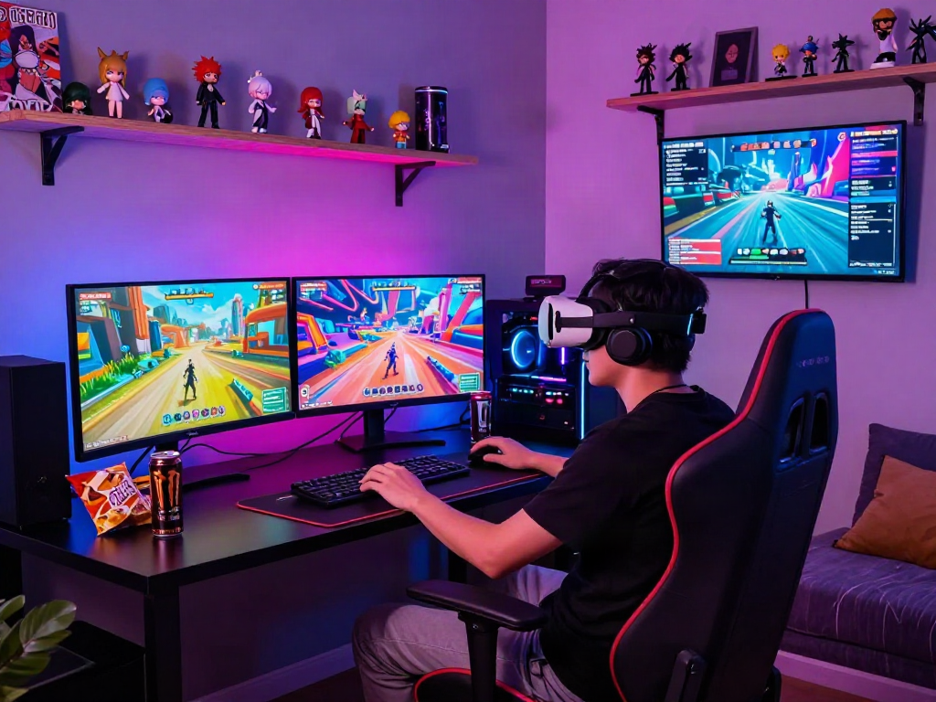 Engaged gamer enjoying a hentai game in a vibrant gaming studio with immersive visuals and dynamic lighting.