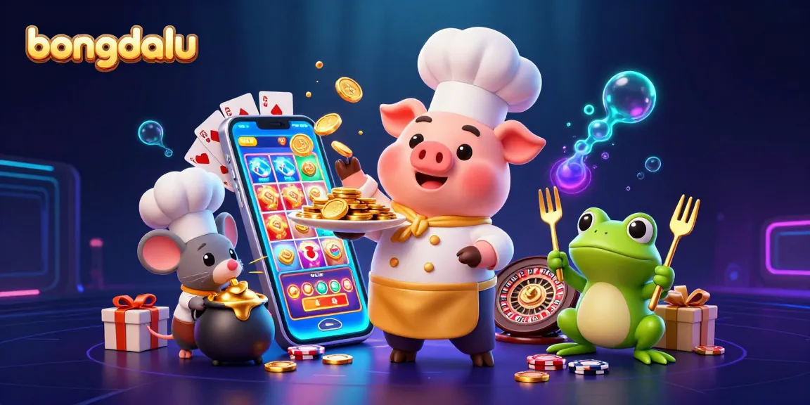 Experience excitement with Bongdalu's golden coins served by a chef pig and whimsical characters.