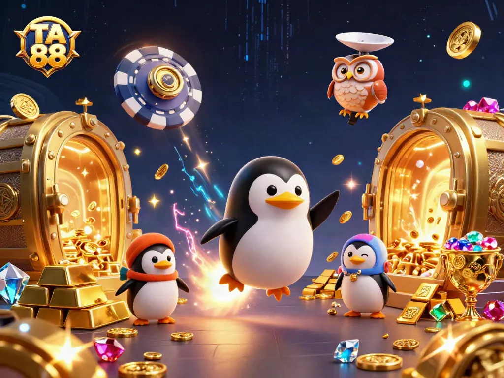 TA 88 penguin rockets towards a poker chip casino, surrounded by gems and gold coins, creating winning chances.