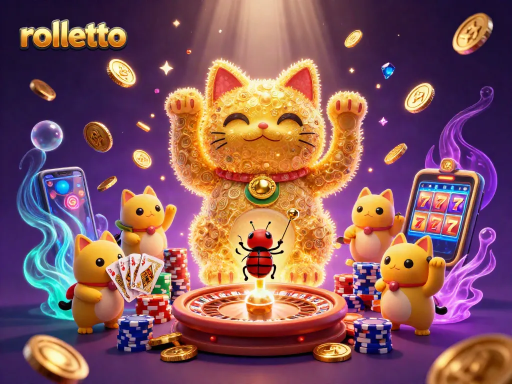 Experience the magic with rolletto, a vibrant casino world led by a lucky cat and golden fireflies illuminating the game.
