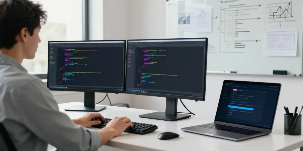Engaging coding session illustrating sponsored software articles in a modern office