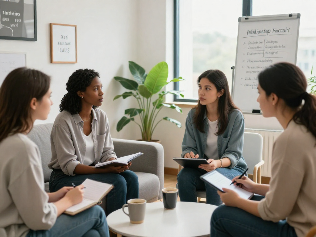 Couple discussing ai sex strategies with a professional coach in a modern office.
