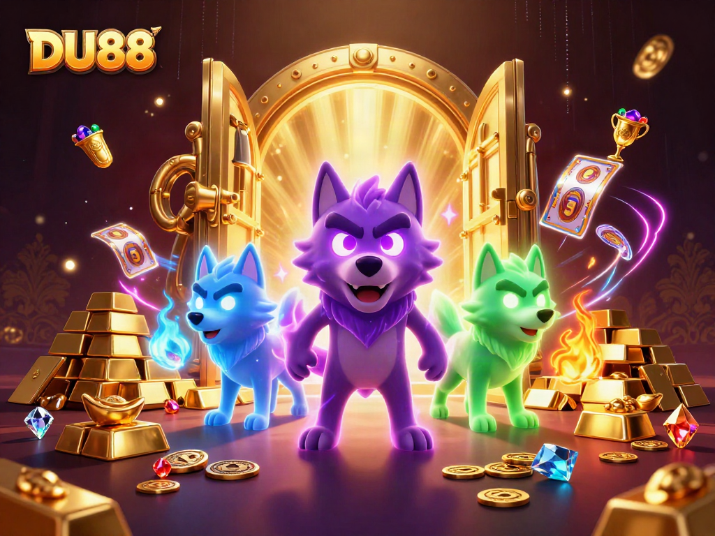 Engage with DU88 through exciting slot reels and glowing treasures in 3D illustration.