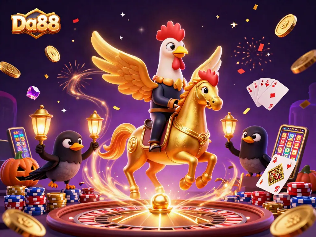 Experience thrilling gameplay at Da88 with engaging visuals of a golden rooster in a vibrant casino.