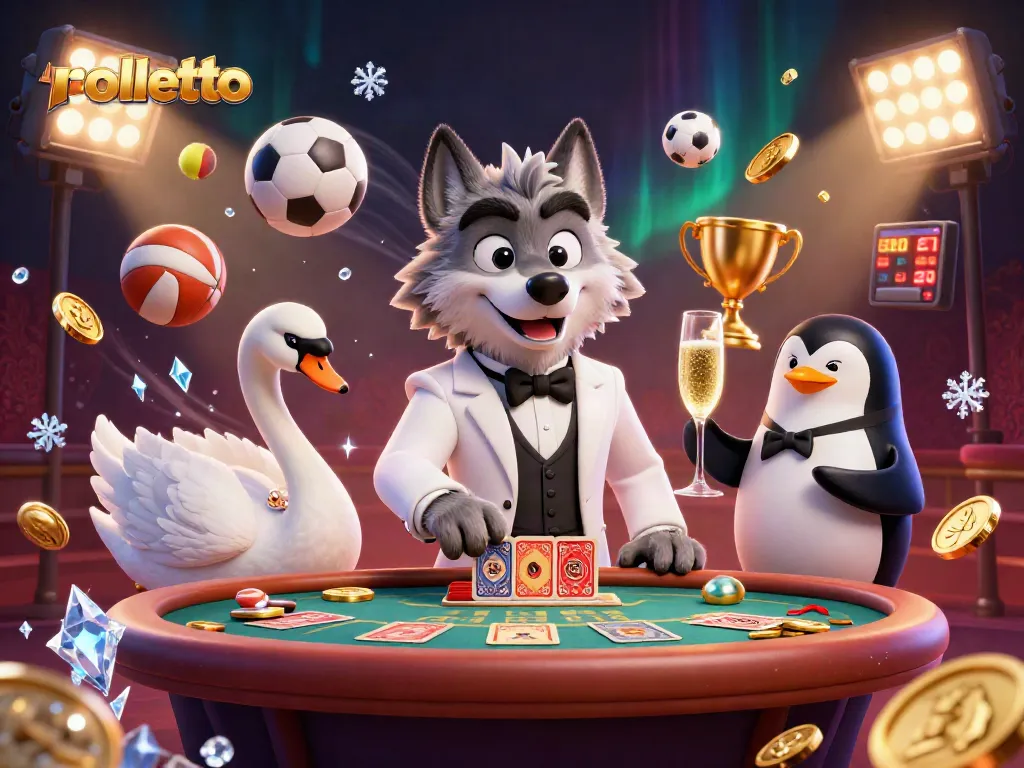 Experience exciting gameplay at Rolletto Casino with lively characters around a baccarat table and dynamic sports elements.