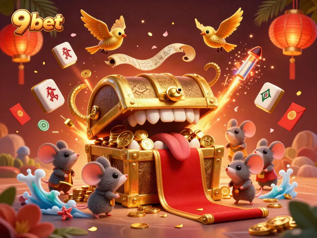 Experience excitement at 9 bet with vibrant 3D casino elements and gold treasures.