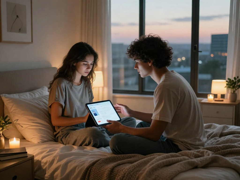 Couple exploring ai sex technology in an intimate bedroom setting, showcasing relationship dynamics through a tablet.