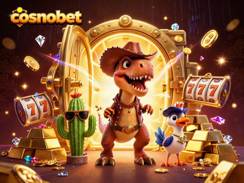 Engage with cosmobet's world of vibrant casino fun featuring a T-Rex, cactus, and roadrunner in a treasure-laden scene.