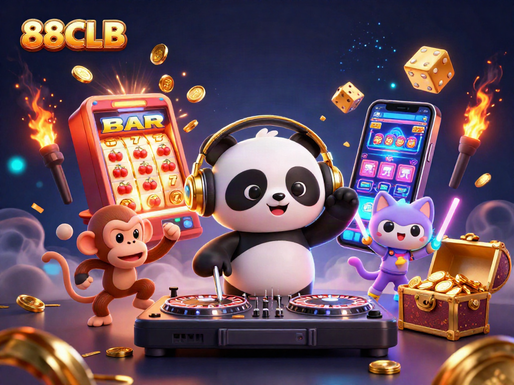 Engage in thrilling gaming at 88CLB with vibrant characters and casino elements bursting with excitement.