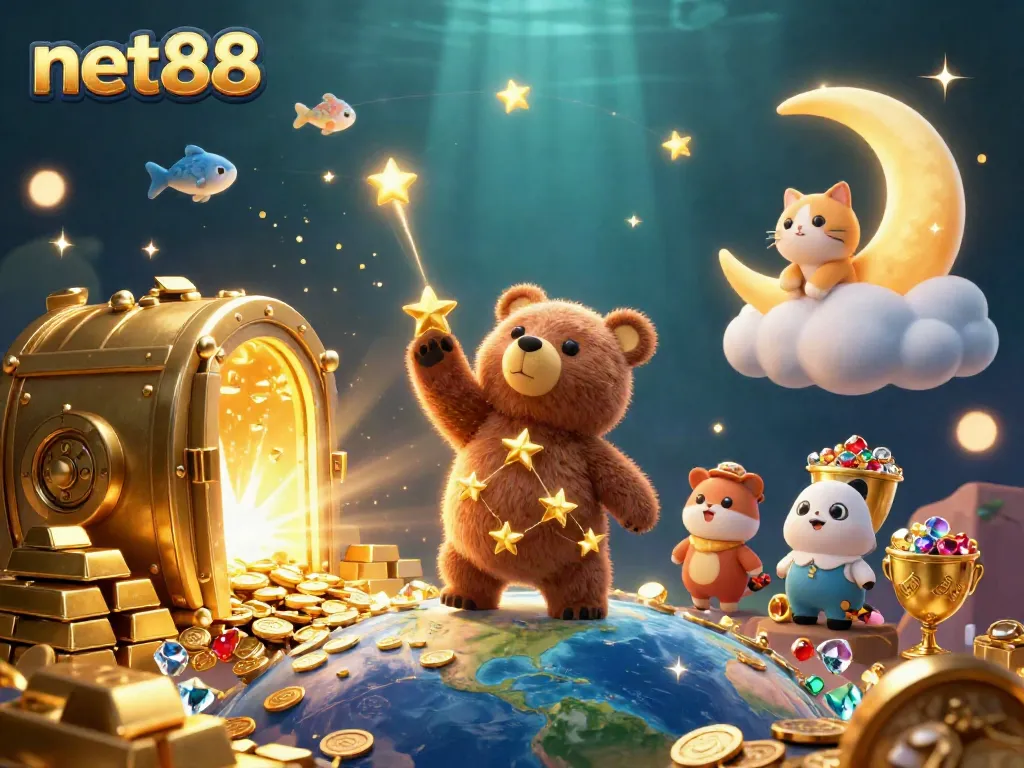 Experience the vibrant world of net88 casino with stunning treasures bursting in a cosmic 3D illustration.