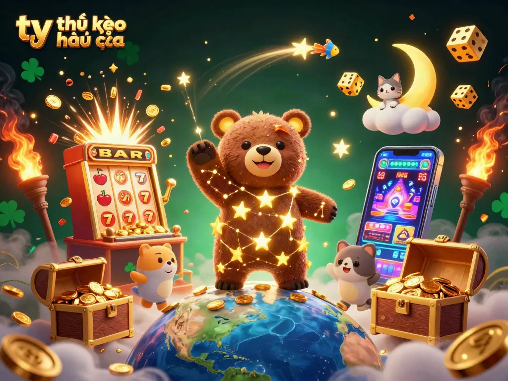 Bet on tỷ lệ kèo nhà cái with a dynamic illustration featuring a starry bear and vibrant casino elements.