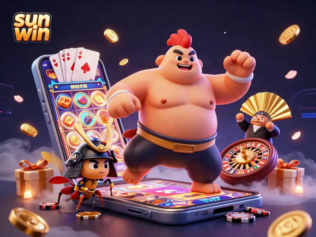 Experience thrilling gaming with sun win as a powerful sumo rooster, fierce cricket, and tanuki announcer in this vibrant casino scene.