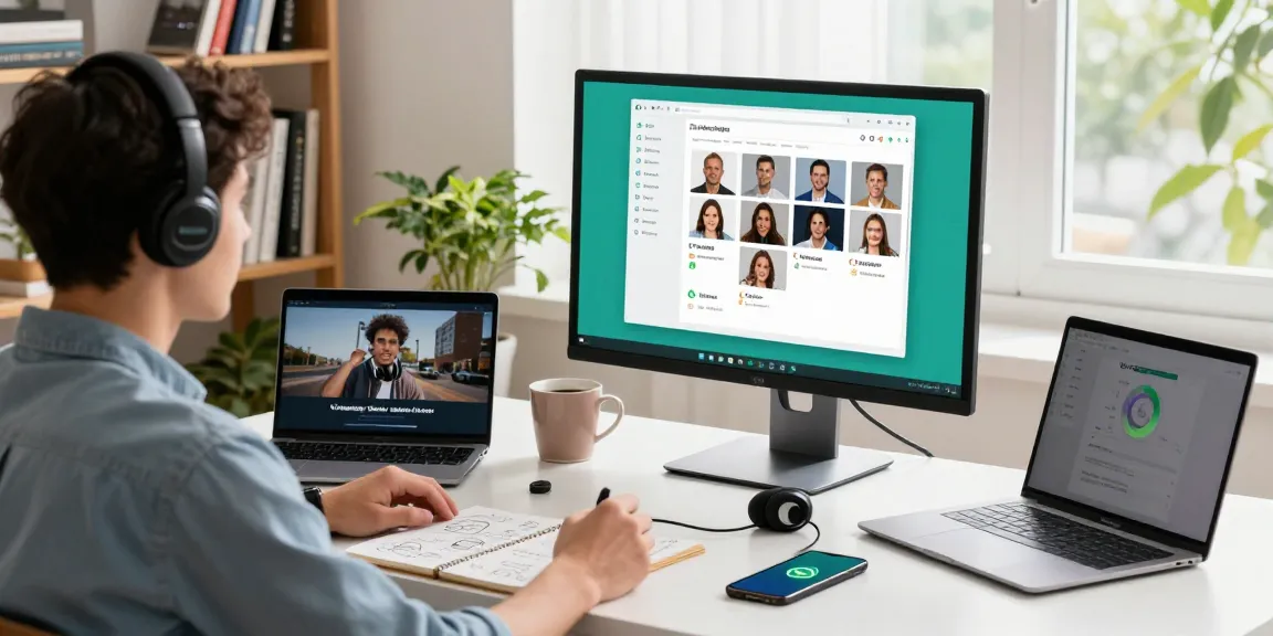 WhatsApp電腦版 desktop app displayed in a modern home office with tech gadgets.