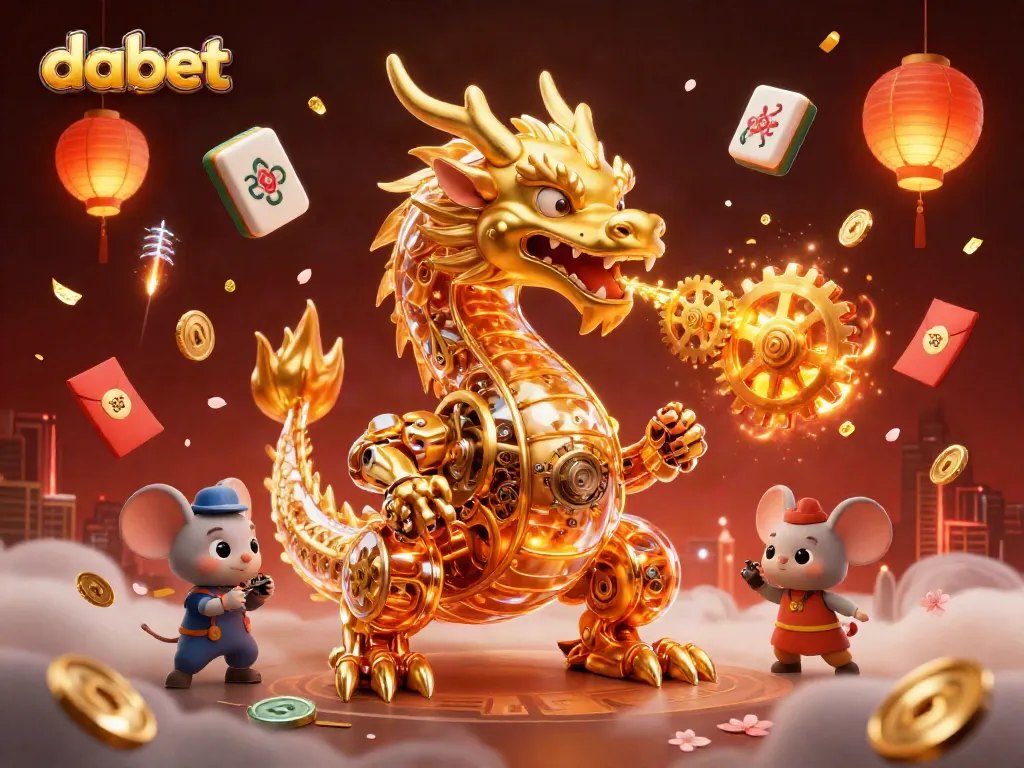 Engage with dabet's vibrant gaming scene featuring a biomechanical dragon and festive symbols.