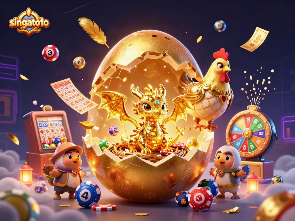 Experience the excitement of singatoto with this vibrant illustration of a golden dragon amidst casino elements.