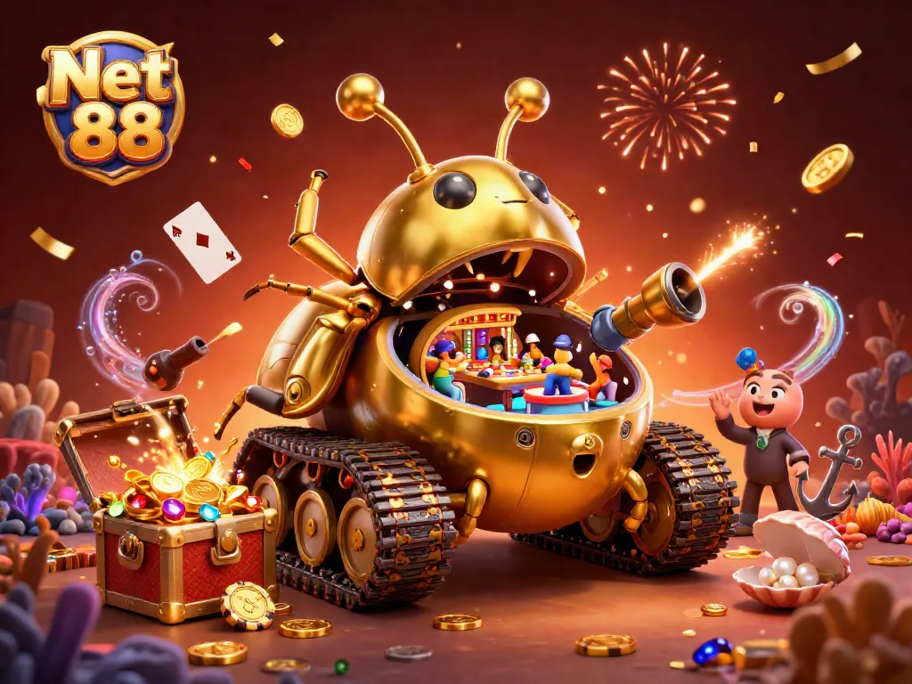 Engage in thrilling gameplay at Net 88's unique casino scene with gold coins and confetti.