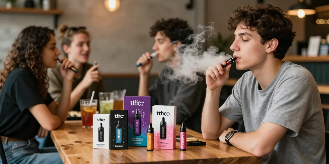 Enjoying a thc vape pen in a cozy urban café.