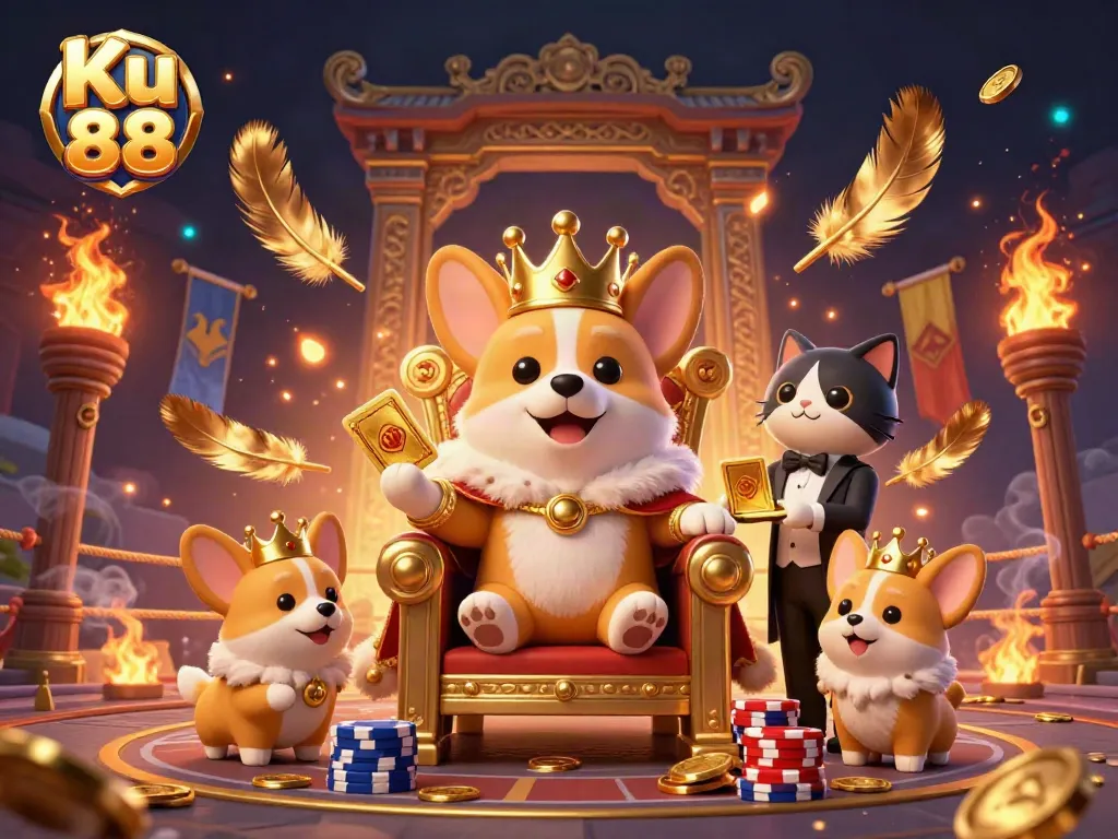Engage in thrilling gameplay at Ku 88 with royal corgi casino champions seated on poker chips and golden cards.