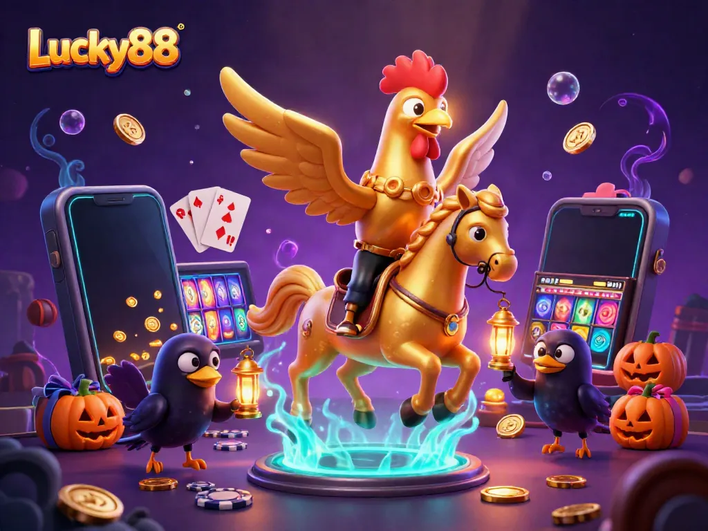 Lucky88 illustration featuring a golden rooster horseman and dynamic casino elements.