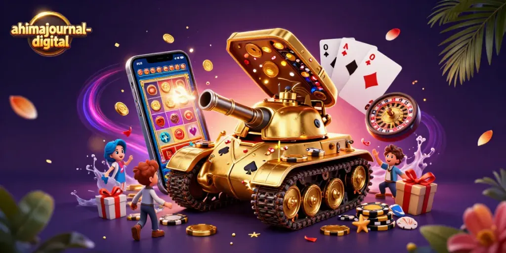 Engage with ahimajournal-digital's vibrant casino scene featuring a golden beetle tank and dynamic game elements.