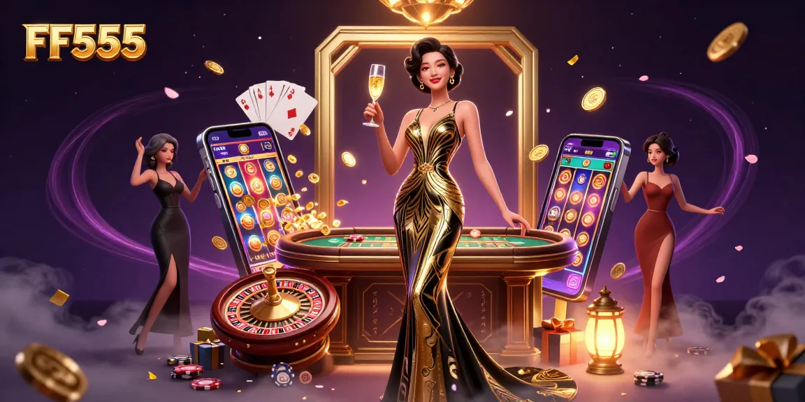 FF555 casino illustration showcasing elegant woman in a glamorous setting, celebrating wins with slots and roulette.