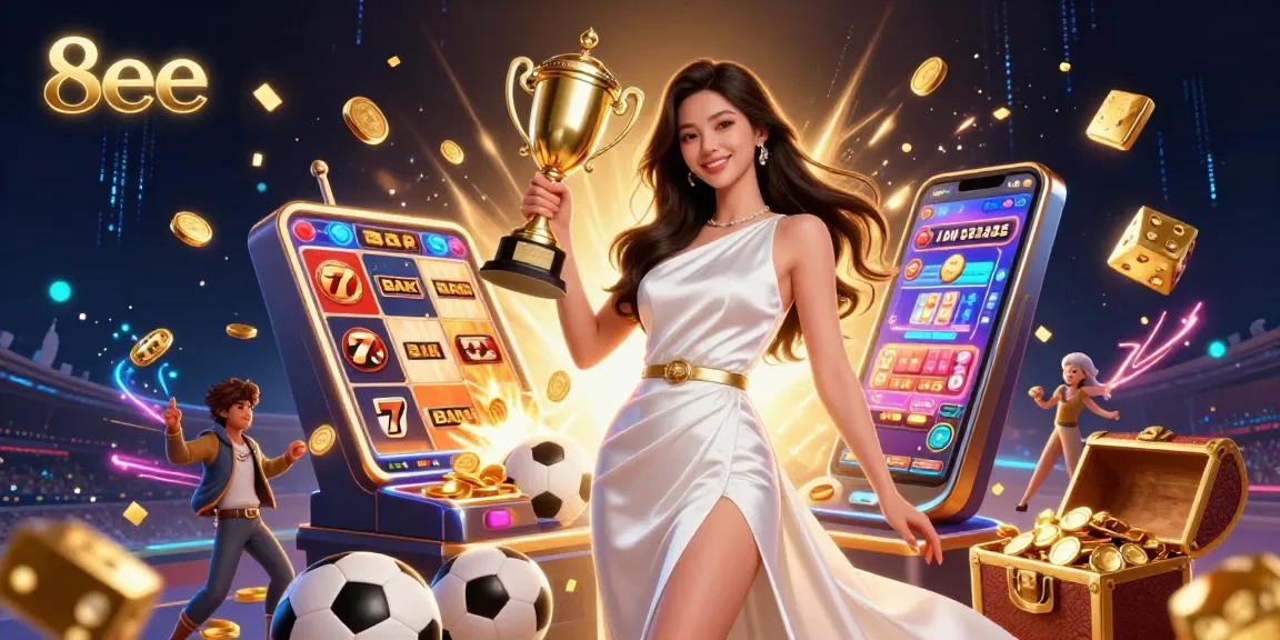 8eee players celebrate their triumph with a captivating casino scene featuring sports betting, trophies, and jackpot excitement.