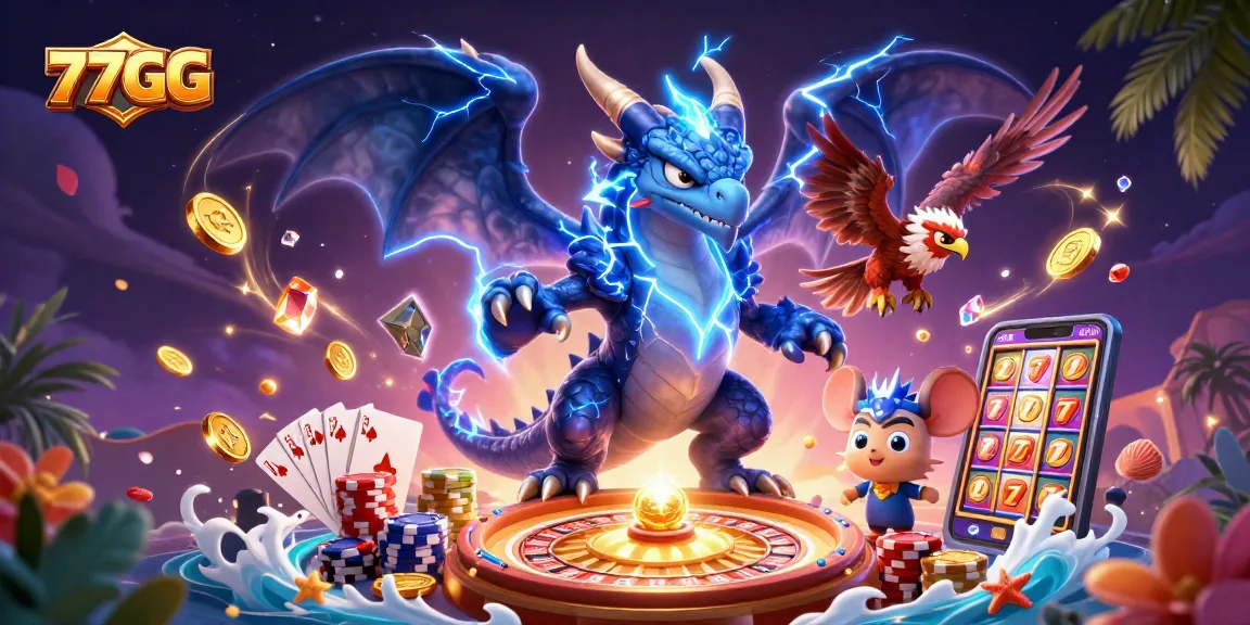 Experience the thrill of 77GG with exciting games and vibrant elements in a dynamic casino scene.