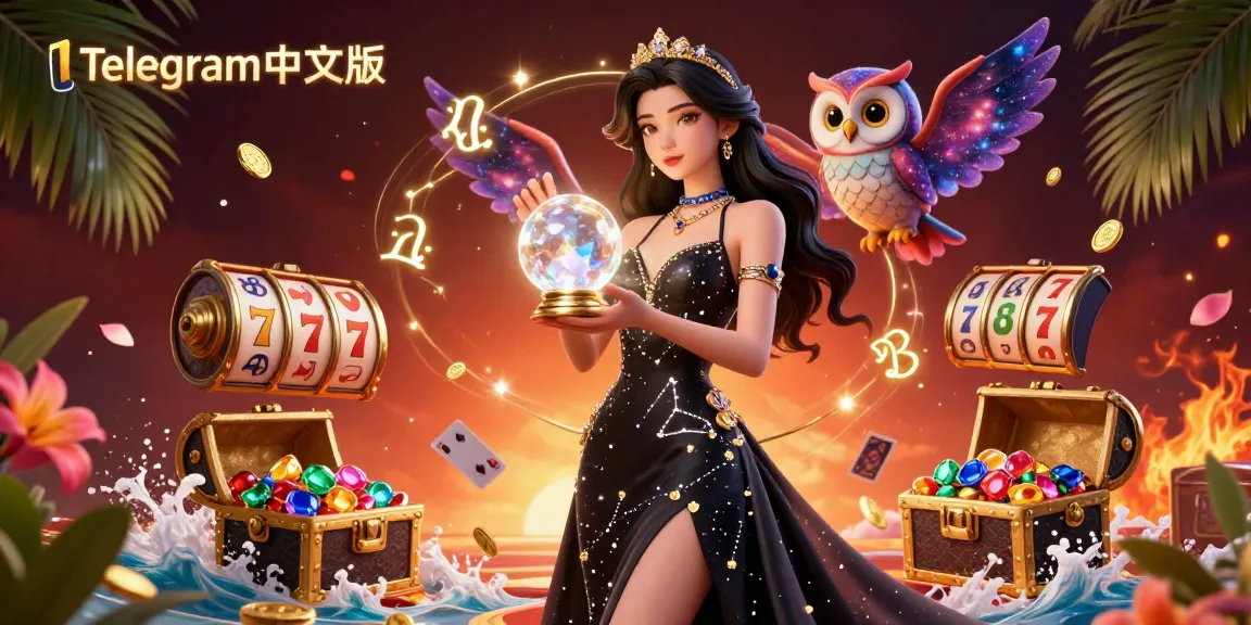 通过这个动态赌场主题的3D插图，展示老虎机和宝藏，在Telegram中文版中赢得丰厚奖励！