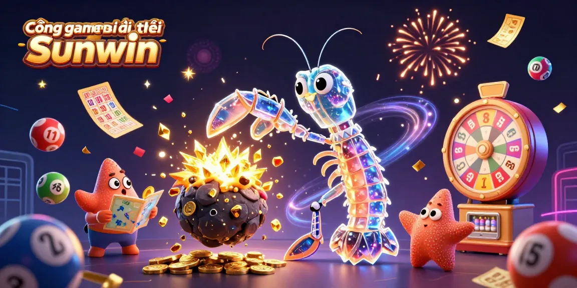 Cổng game bài đổi thưởng Sunwin showcases dynamic 3D characters amidst vibrant lottery elements and festive visuals.