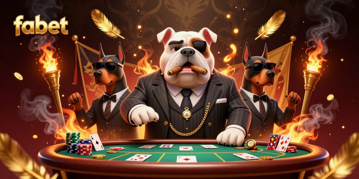 Engage with fabet possibilities as a mafia boss bulldog presides over a vibrant poker table.