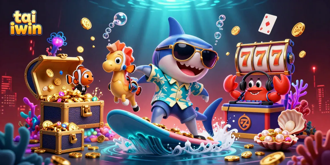 Experience exciting gameplay with tai iwin while a shark surfs through golden coins and slot elements.
