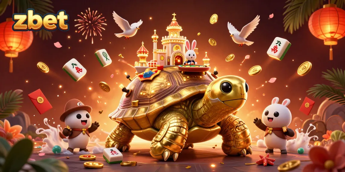 zbet casino illustration showcasing a golden tortoise with a casino palace and dealer elements